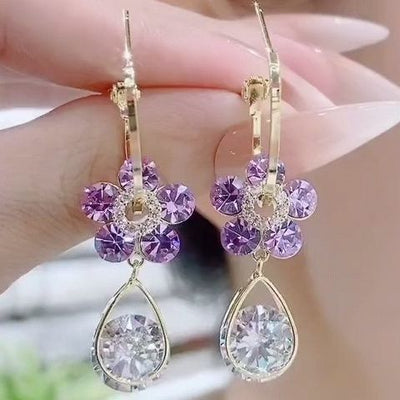 S925 Silver Flower Drop Earrings | Teardrop Crystal Dangle Jewelry