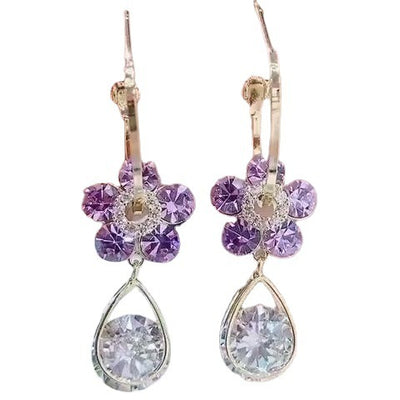 S925 Silver Flower Drop Earrings | Teardrop Crystal Dangle Jewelry