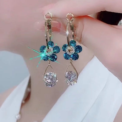S925 Silver Flower Drop Earrings | Teardrop Crystal Dangle Jewelry