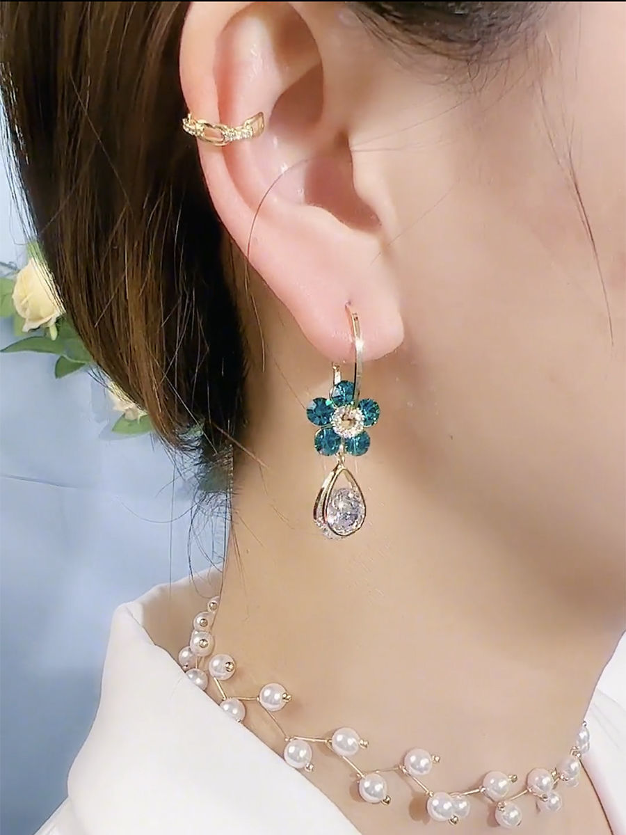 S925 Silver Flower Drop Earrings | Teardrop Crystal Dangle Jewelry
