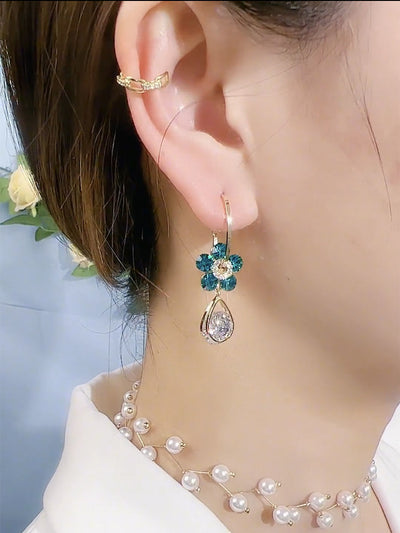 S925 Silver Flower Drop Earrings | Teardrop Crystal Dangle Jewelry