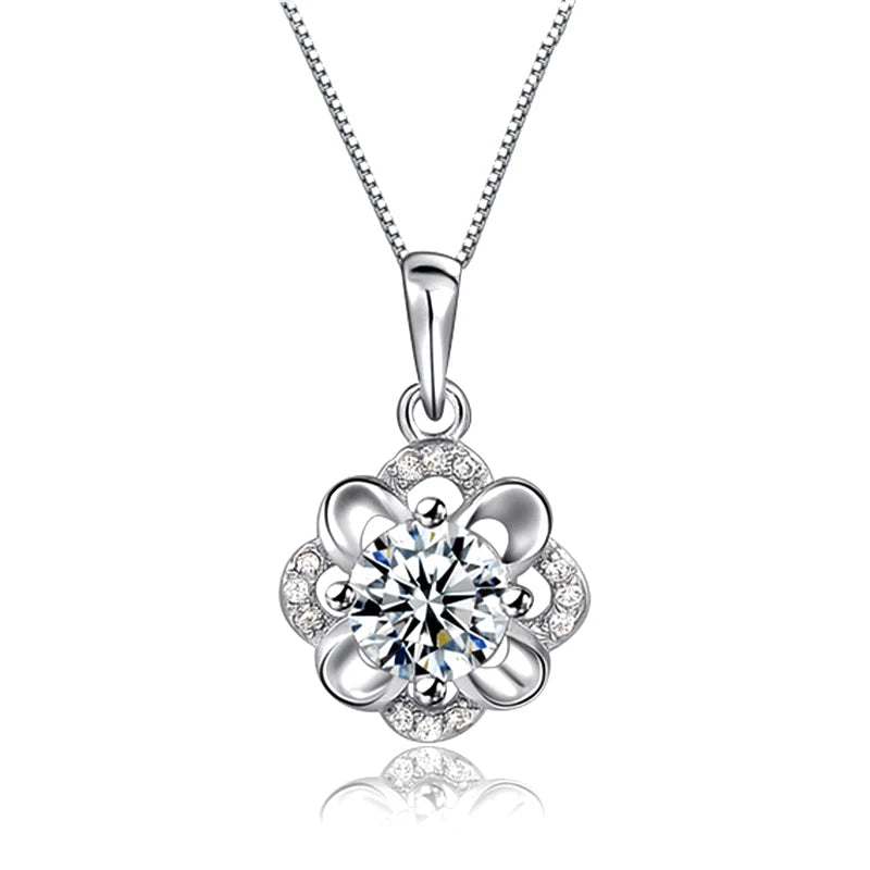 925 Sterling Silver Flower CZ Pendant Necklace