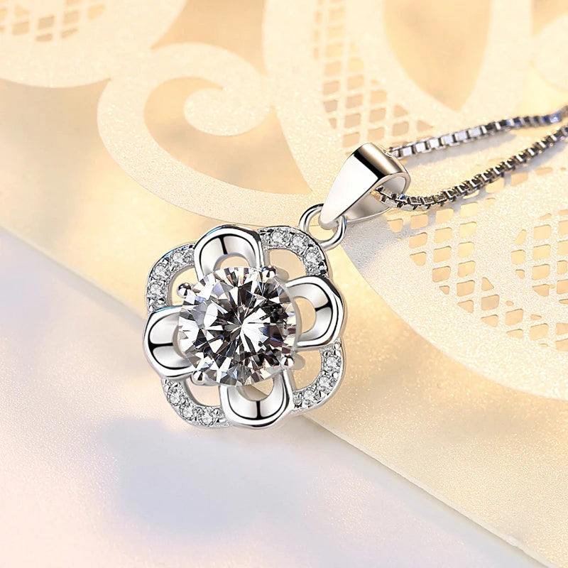 925 Sterling Silver Flower CZ Pendant Necklace