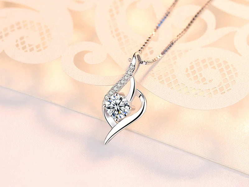 925 Silver Feather Zircon Pendant Necklace