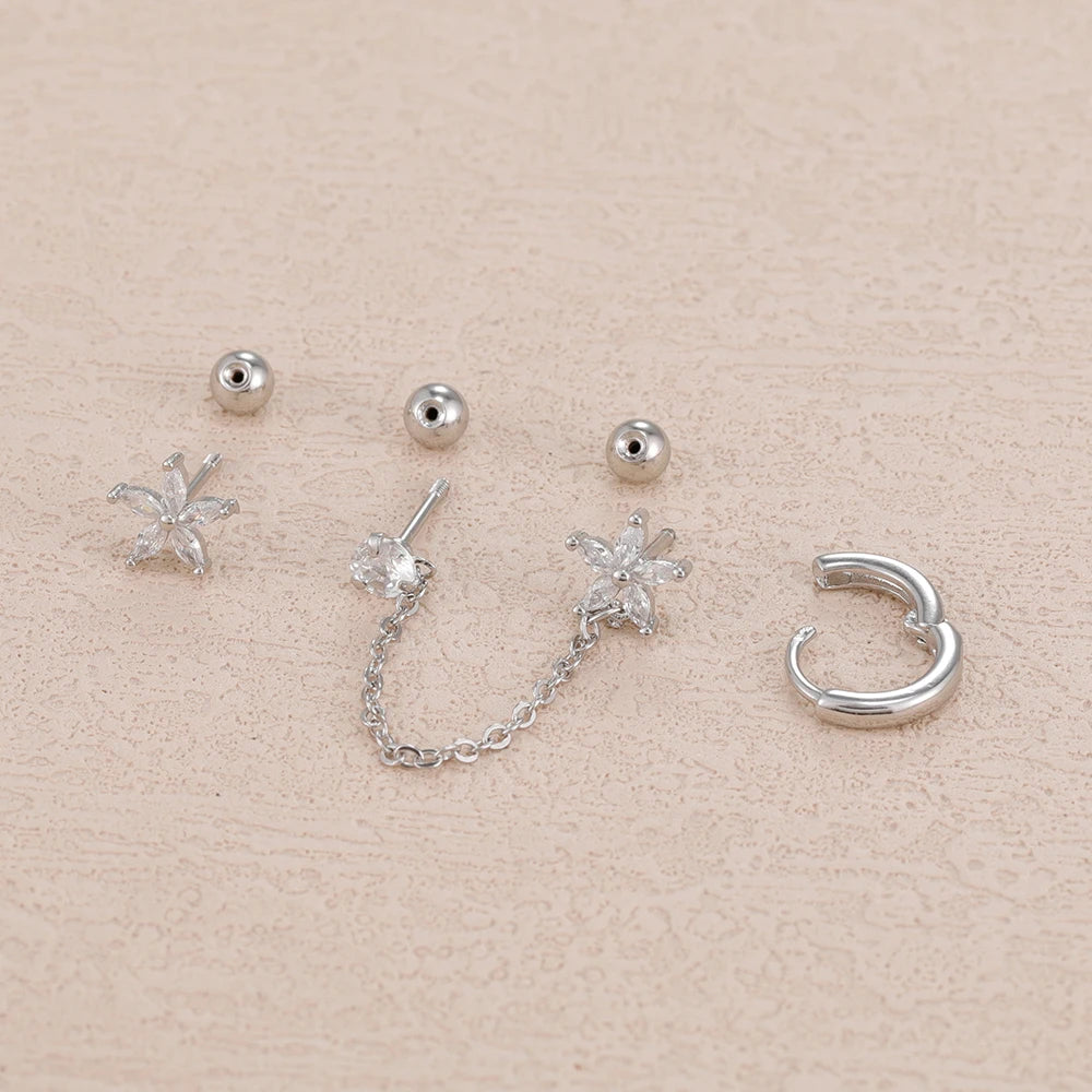 3PCS Zircon Flower Ear Stud Earrings