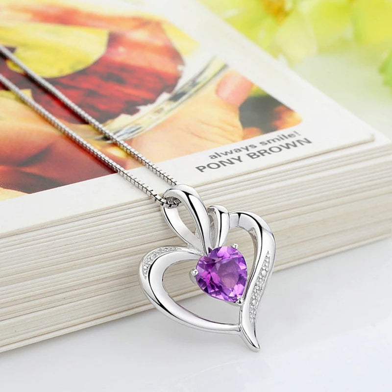 925 Silver Purple Zircon Heart Pendant Necklace
