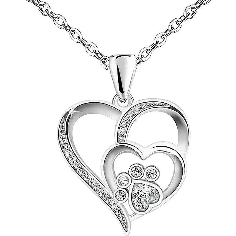 Elegant Paw Shaped Double Heart CZ Pendant Necklace