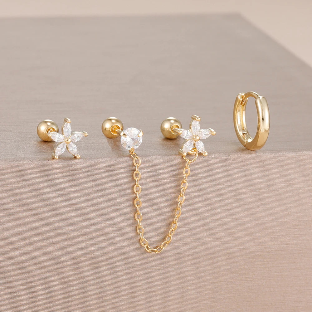 3PCS Zircon Flower Ear Stud Earrings