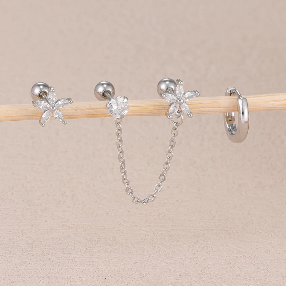 3PCS Zircon Flower Ear Stud Earrings
