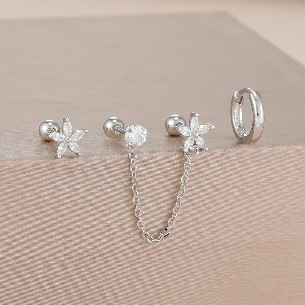 3PCS Zircon Flower Ear Stud Earrings