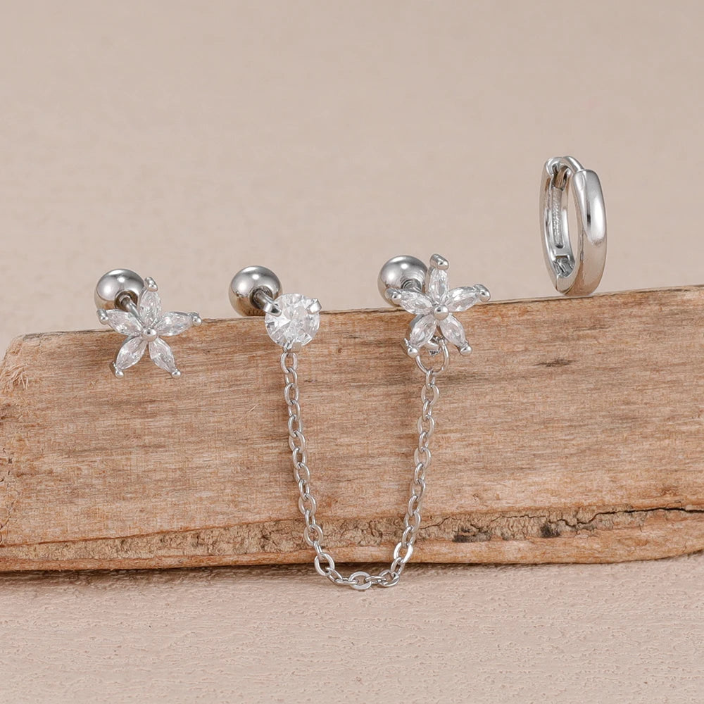 3PCS Zircon Flower Ear Stud Earrings