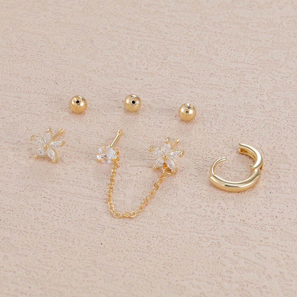 3PCS Zircon Flower Ear Stud Earrings