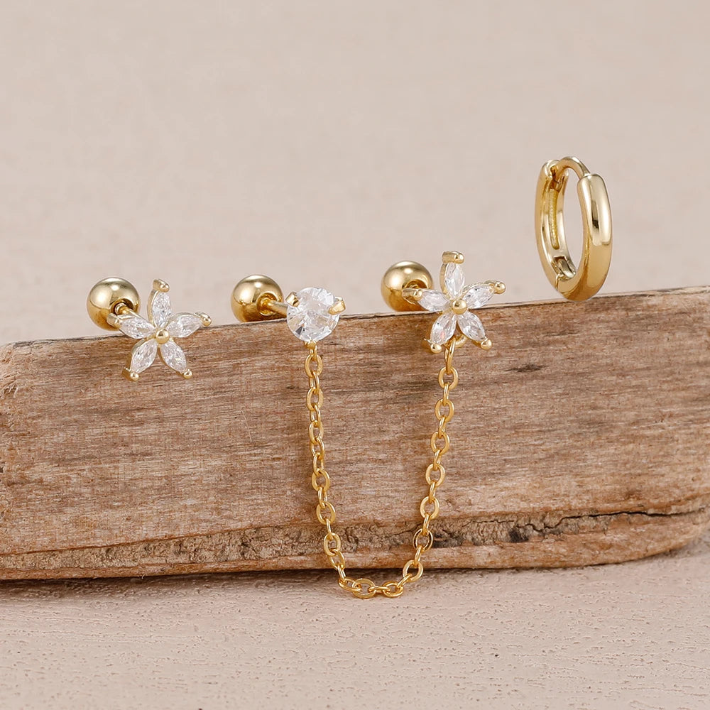 3PCS Zircon Flower Ear Stud Earrings