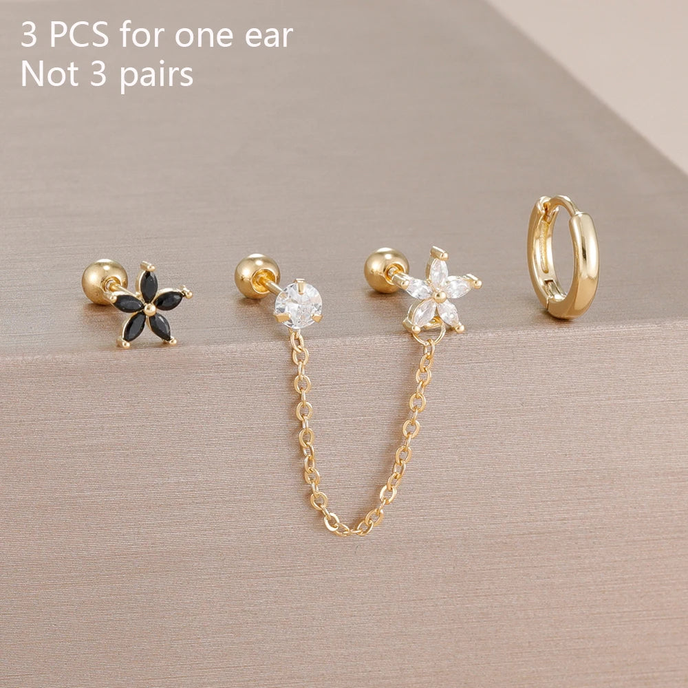 3PCS Zircon Flower Ear Stud Earrings