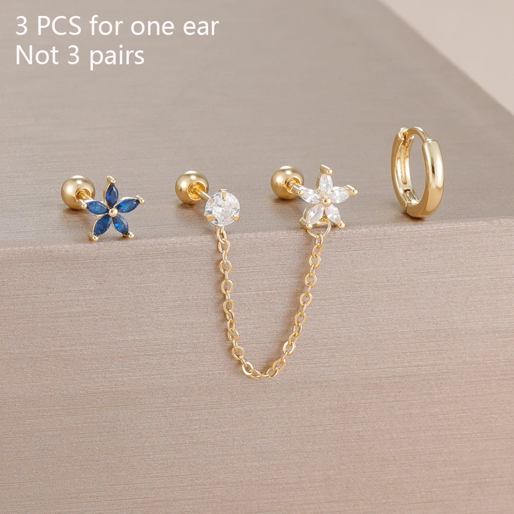 3PCS Zircon Flower Ear Stud Earrings