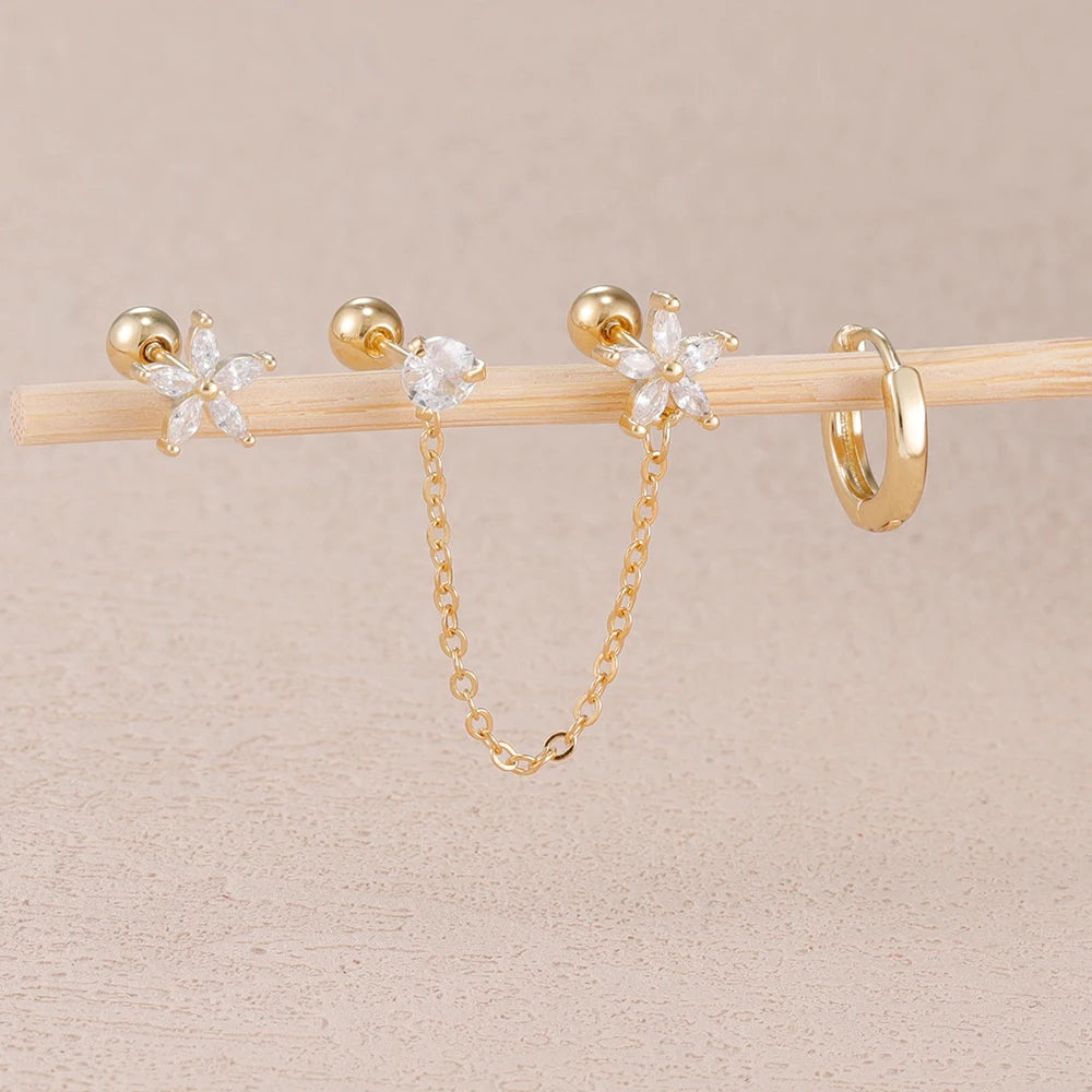 3PCS Zircon Flower Ear Stud Earrings