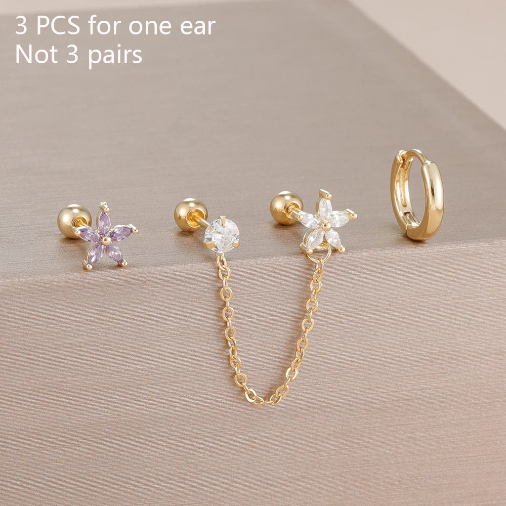 3PCS Zircon Flower Ear Stud Earrings