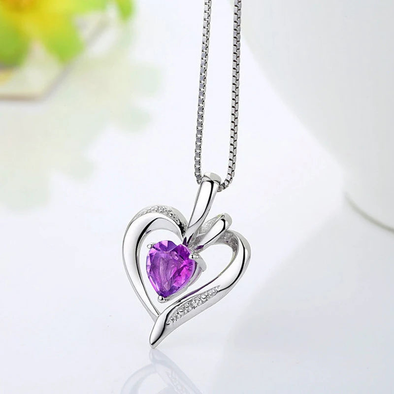 925 Silver Purple Zircon Heart Pendant Necklace