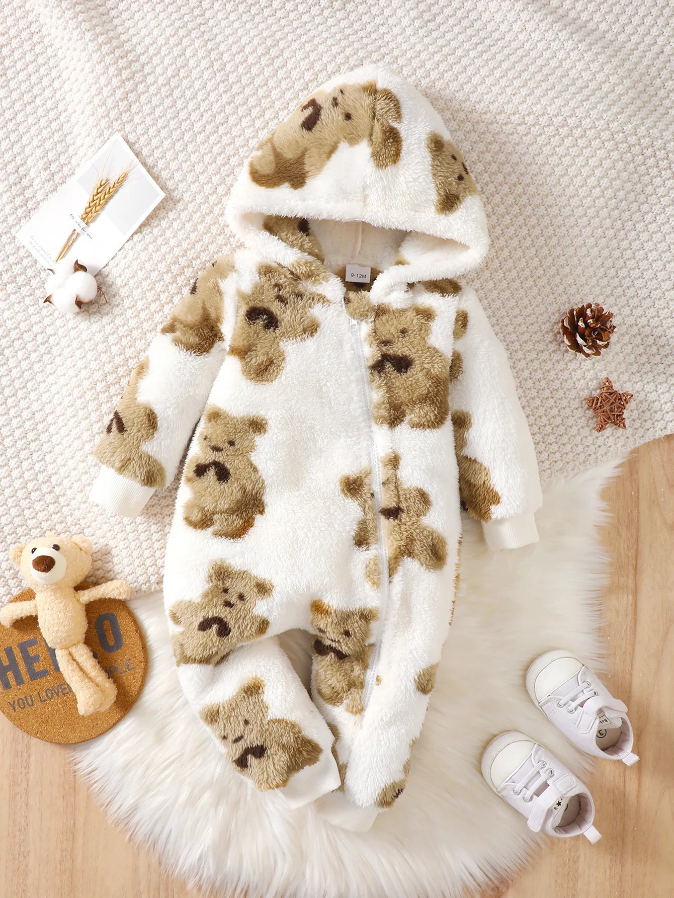 Winter Baby Girl Plush Jumpsuit with Bear Print