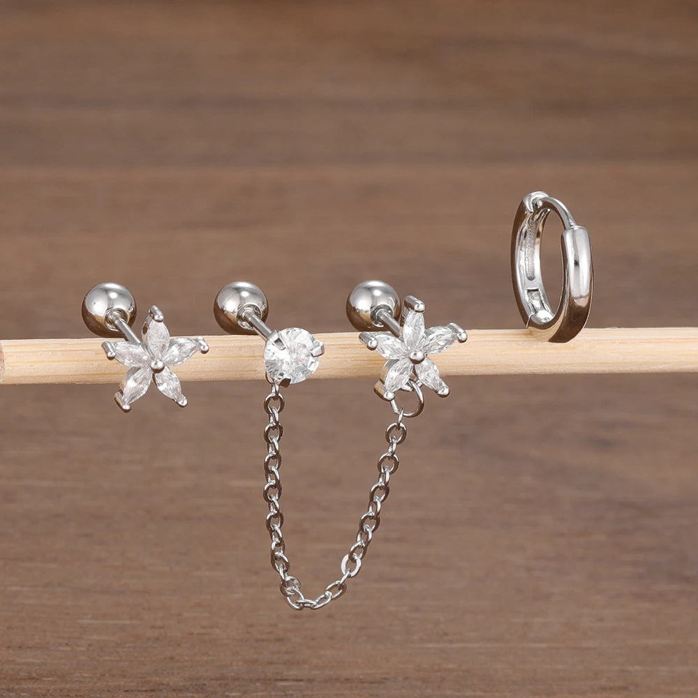 3PCS Zircon Flower Ear Stud Earrings