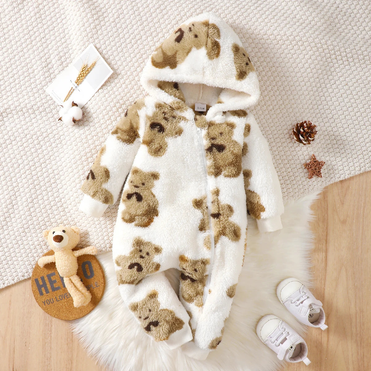 Winter Baby Girl Plush Jumpsuit with Bear Print
