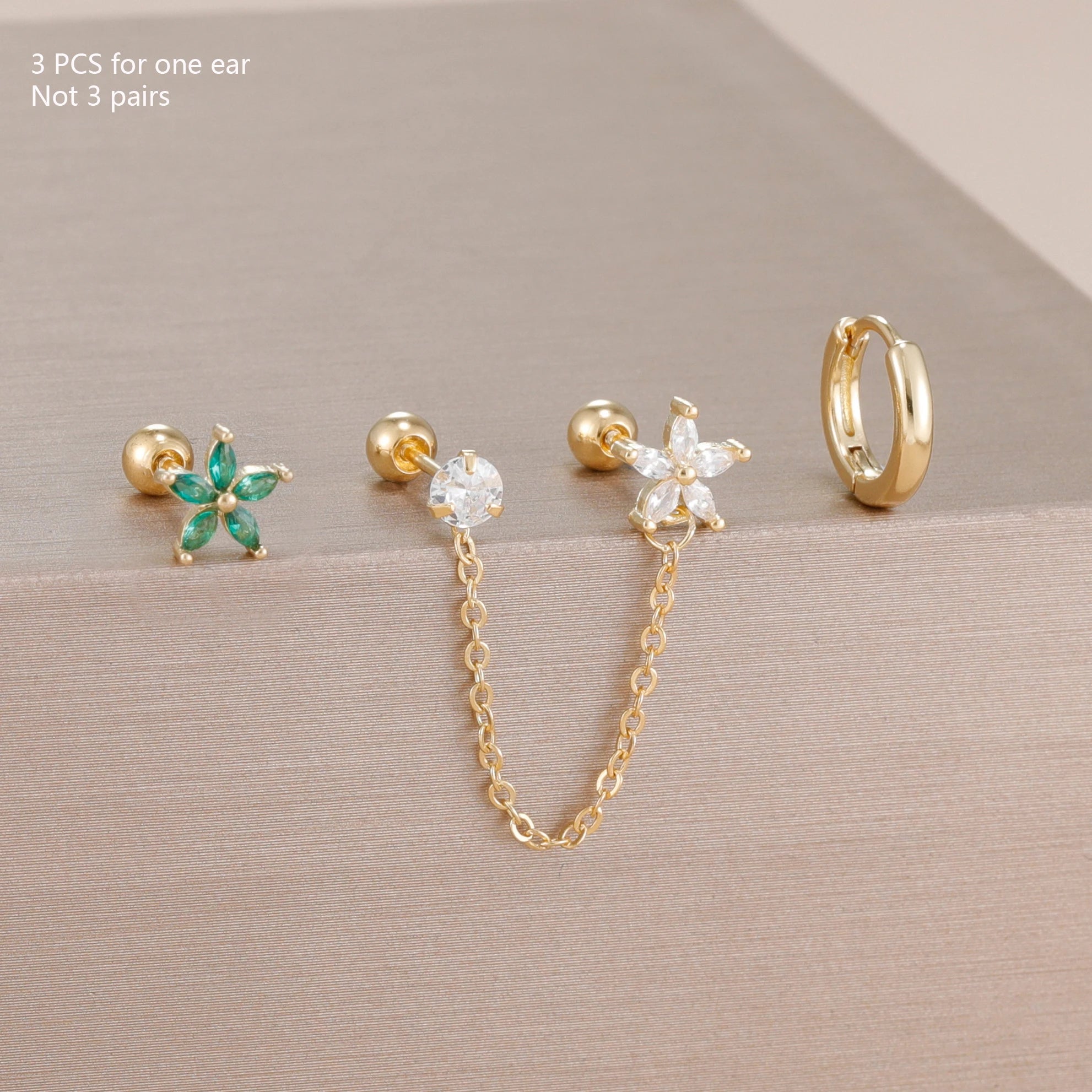 3PCS Zircon Flower Ear Stud Earrings