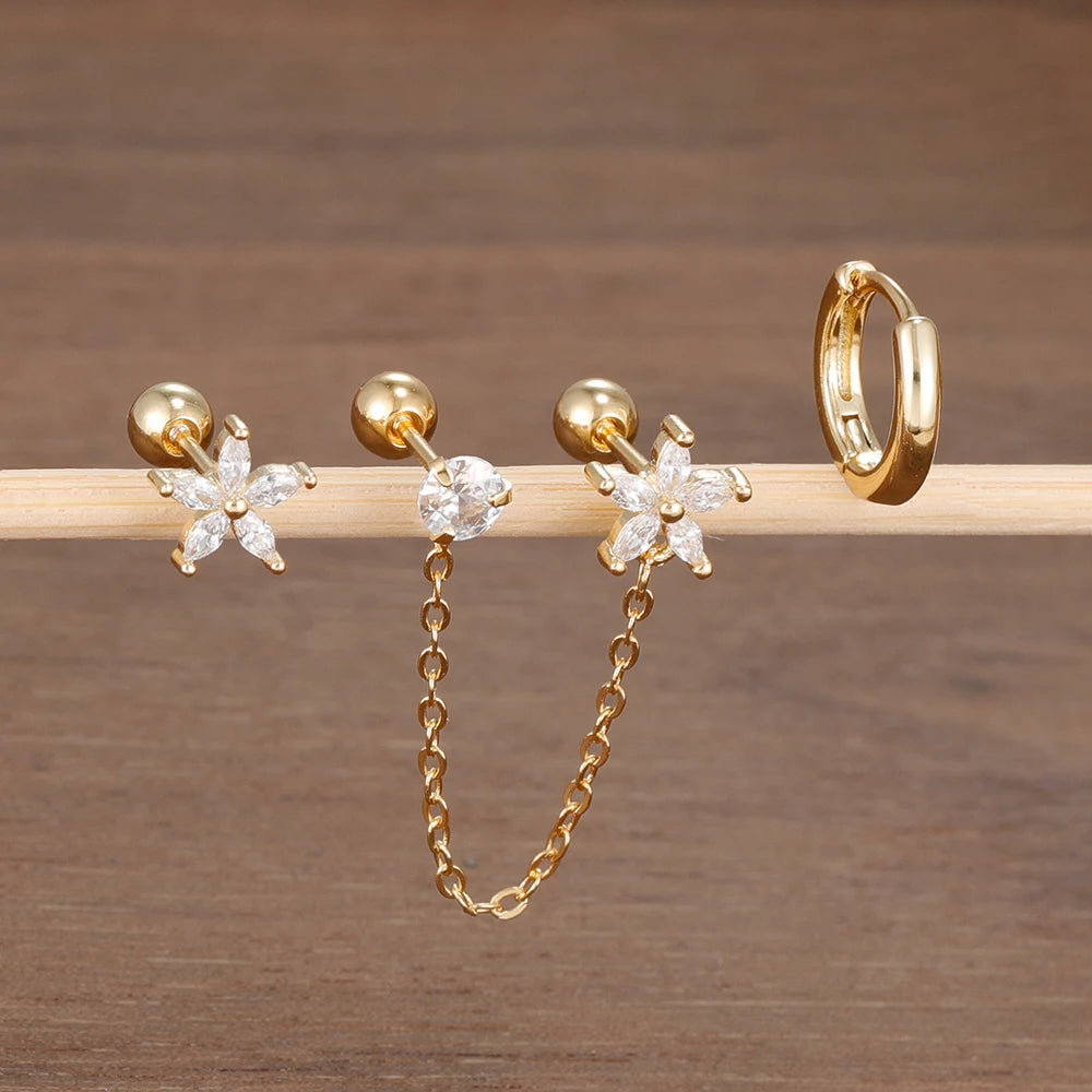 3PCS Zircon Flower Ear Stud Earrings