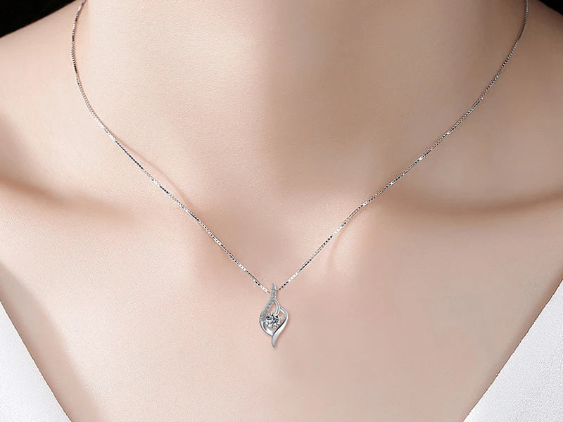 925 Silver Feather Zircon Pendant Necklace