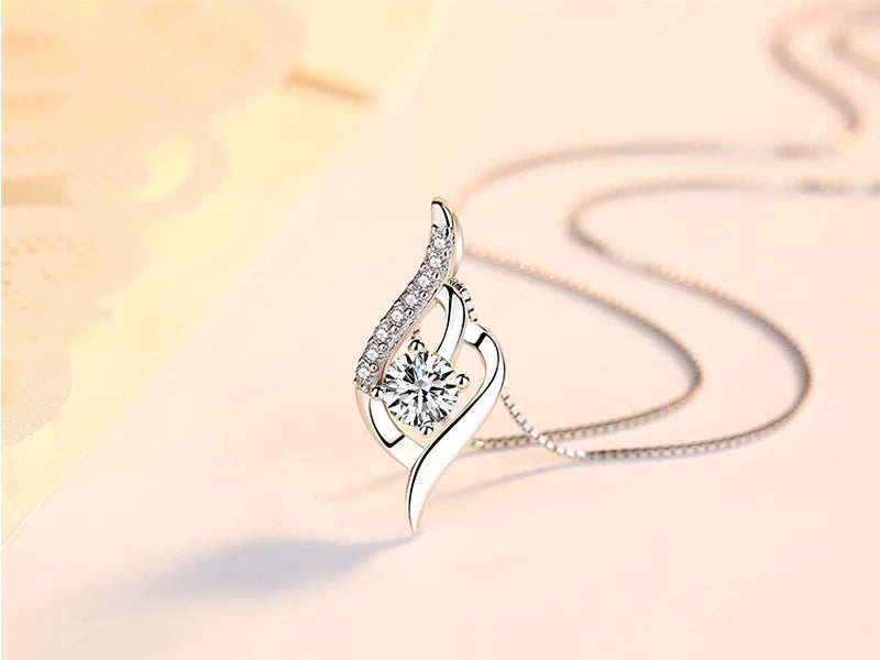 925 Silver Feather Zircon Pendant Necklace