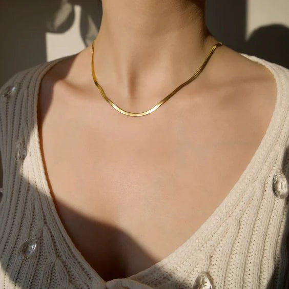 Herringbone Snake Chain Necklace - Flat Statement Choker Jewelry