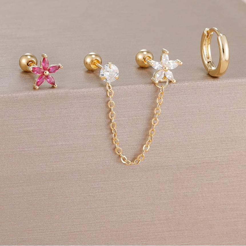 3PCS Zircon Flower Ear Stud Earrings