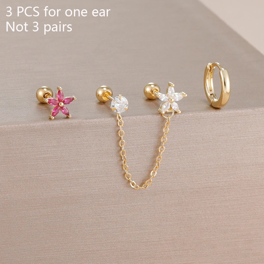 3PCS Zircon Flower Ear Stud Earrings