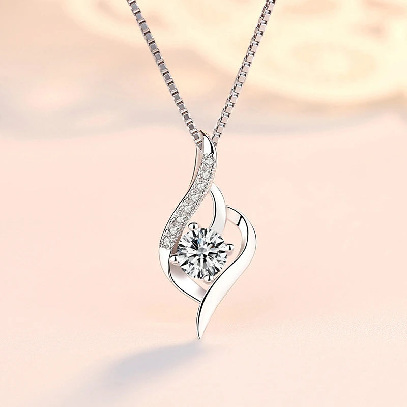 925 Silver Feather Zircon Pendant Necklace