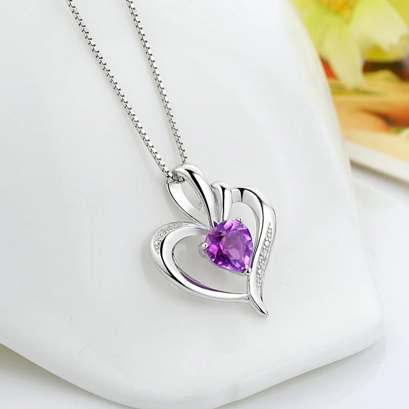 925 Silver Purple Zircon Heart Pendant Necklace
