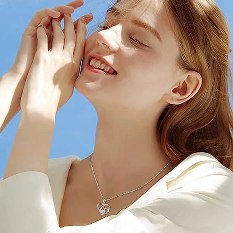 Elegant Paw Shaped Double Heart CZ Pendant Necklace