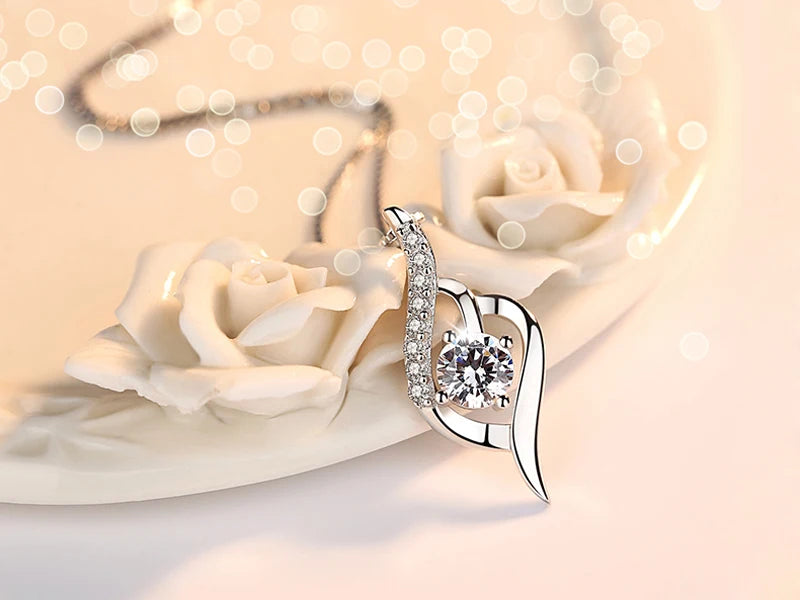 925 Silver Feather Zircon Pendant Necklace