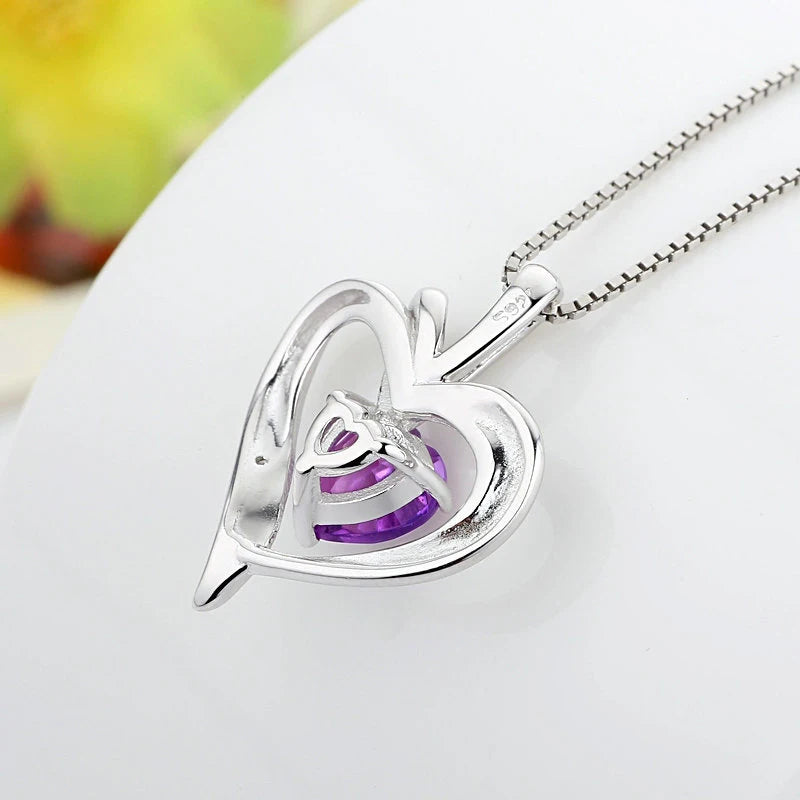 925 Silver Purple Zircon Heart Pendant Necklace