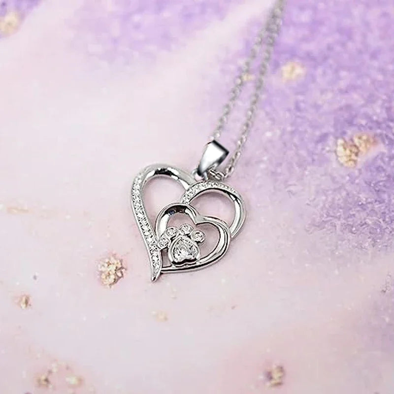 Elegant Paw Shaped Double Heart CZ Pendant Necklace