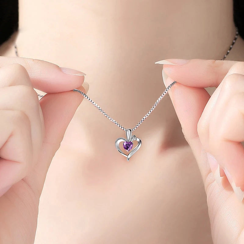 925 Silver Purple Zircon Heart Pendant Necklace