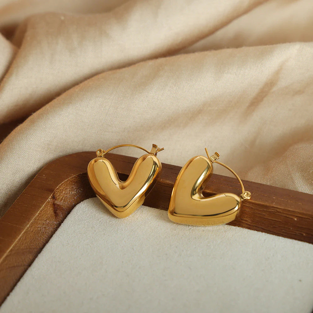 Golden Puff Heart Hoop Earrings