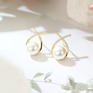 Elegant Gold Plated Pearl Stud Cross Earrings