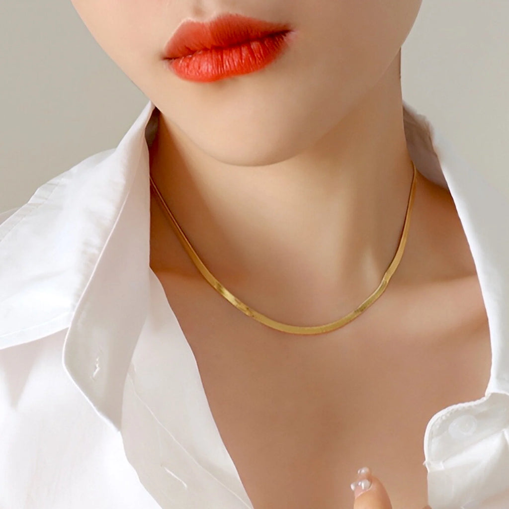 Herringbone Snake Chain Necklace - Flat Statement Choker Jewelry