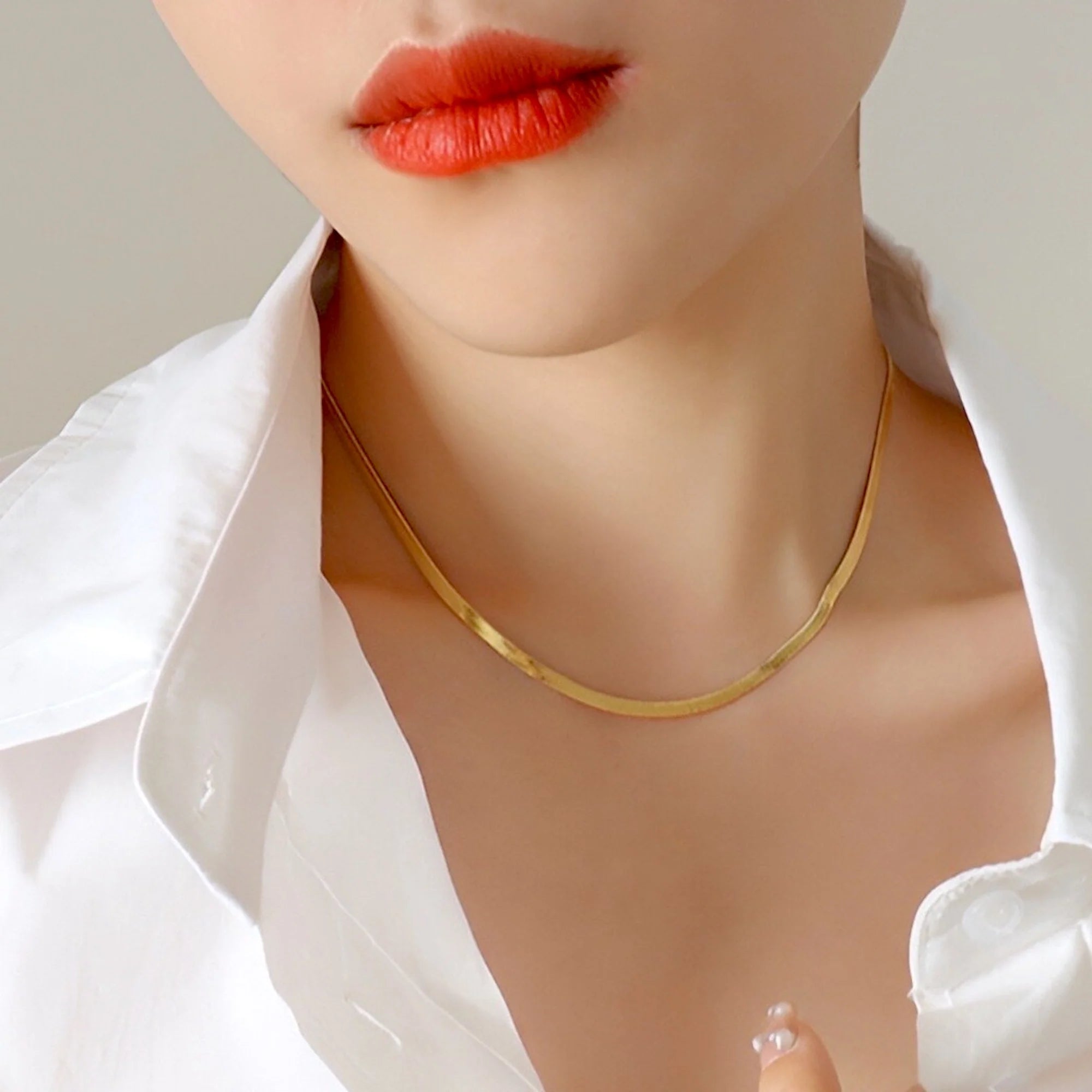 Herringbone Snake Chain Necklace - Flat Statement Choker Jewelry