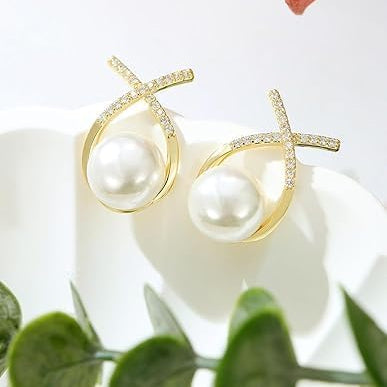 Elegant Gold Plated Pearl Stud Cross Earrings
